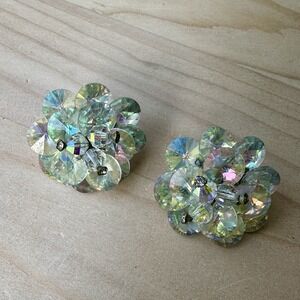 VTG Vendome Coro Clip Earrings 1.125 Inch Aurora Borealis Rivoli Crystals Signed